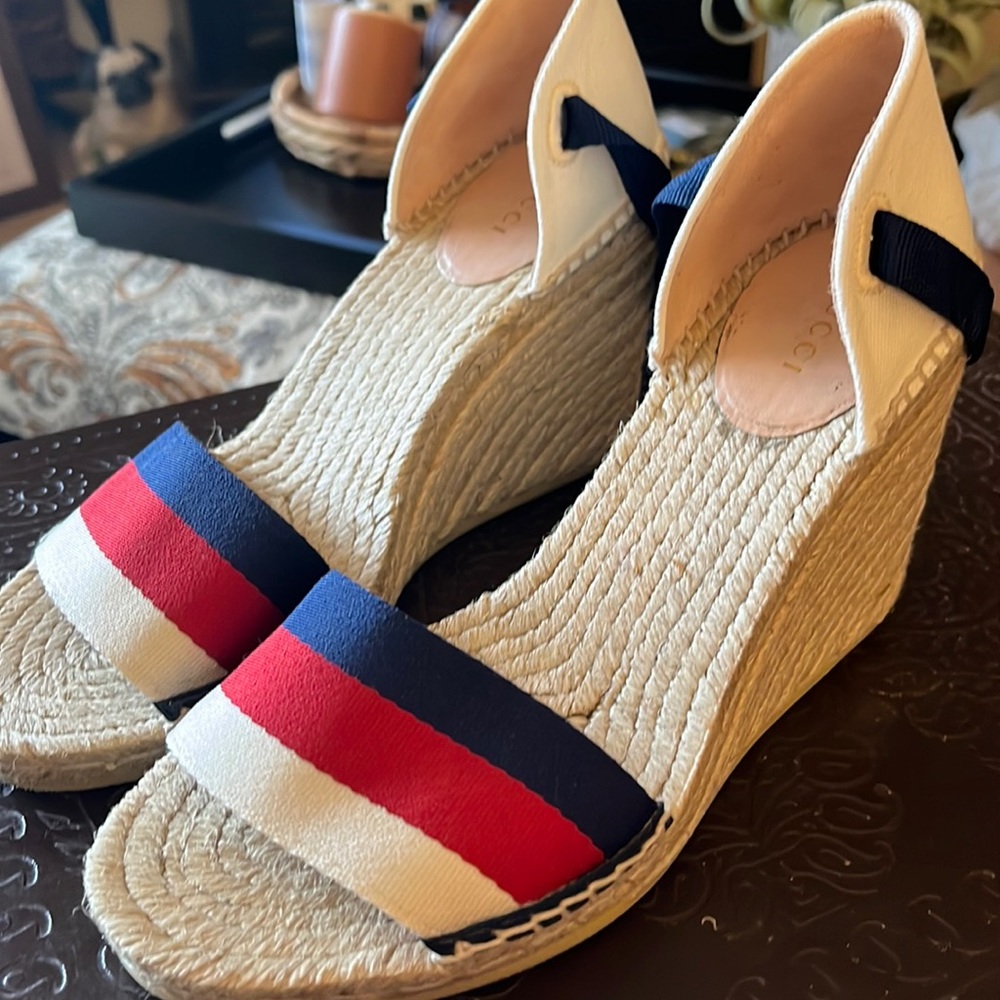 Gucci espadrille wedges - new! Ribbon ties wrap around ankles. Size 38